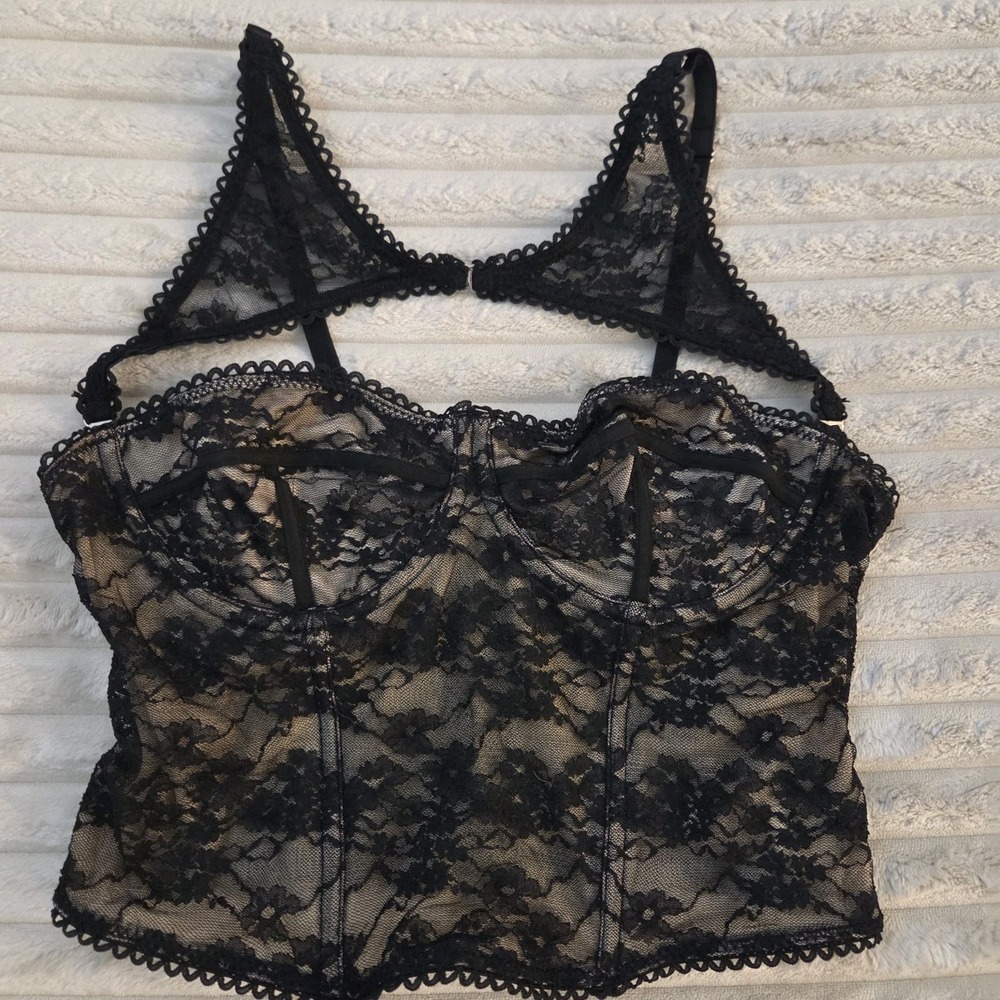 Black Floral Lace Corset Bustier Top Medium M Nude Lining Whimsigoth Coquette